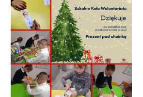 Grafika z podziękowaniem za udział w akcji „Prezent pod choinkę”, zawierająca zdjęcia uczniów podczas przygotowywania darów.