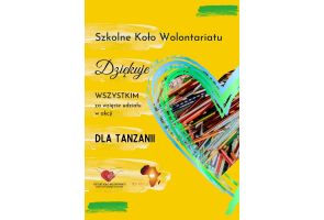 Grafika z podziękowaniem Szkolnego Koła Wolontariatu za udział w akcji charytatywnej na rzecz Tanzanii, z motywem serca i przyborów szkolnych.