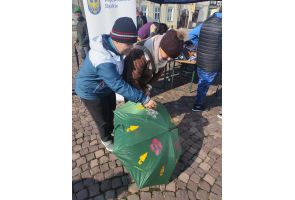 Dwie osoby malują kolorowe wzory na zielonym parasolu podczas plenerowej akcji artystycznej na rynku w Skoczowie.