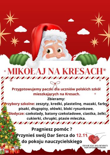 Plakat akcji „Mikołaj na Kresach” informujący o zbiórce przyborów szkolnych i słodyczy dla uczniów polskich szkół na Kresach.